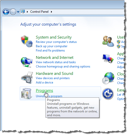 Cliquez sur le lien Programmes dans Windows 7