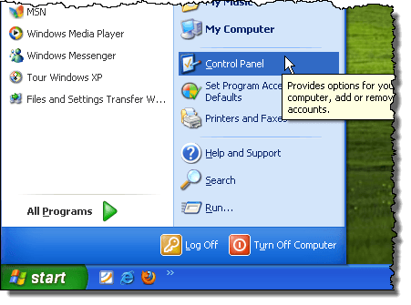 Ouverture du panneau de configuration dans Windows XP