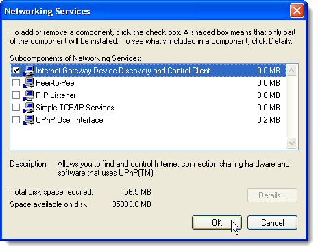 Détails pour les services de mise en réseau dans Windows XP
