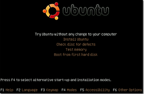 Menu principal Ubuntu Linux Live CD