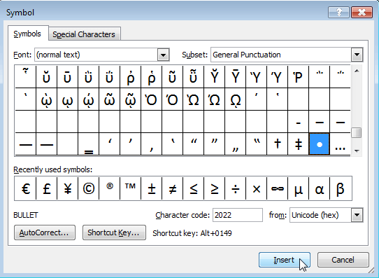 microsoft word symbols