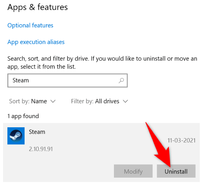 désinstaller l'application Steam dans Windows 10