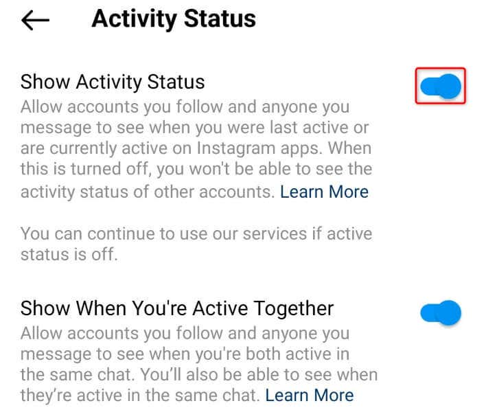 Activer le statut d'activité pour corriger les notes Instagram qui n'apparaissent pas image