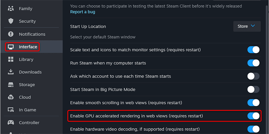 Désactiver l'accélération GPU dans l'image Steam