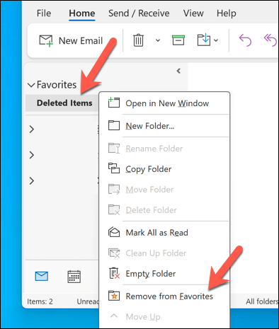 Comment supprimer les dossiers Favoris dans Microsoft Outlook image 7